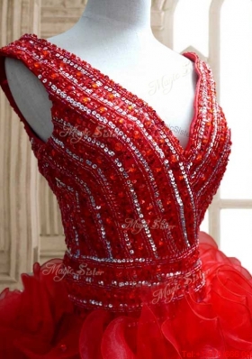 Luxurious Beaded and Ruffled Red Quinceanera Dress with Deep V Neckline