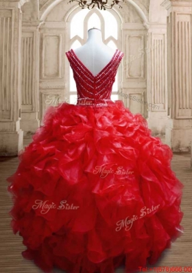 Luxurious Beaded and Ruffled Red Quinceanera Dress with Deep V Neckline