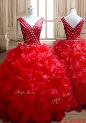 Luxurious Beaded and Ruffled Red Quinceanera Dress with Deep V Neckline
