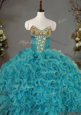 Luxurious V Neck Beaded and Ruffled Quinceanera Gown in Organza