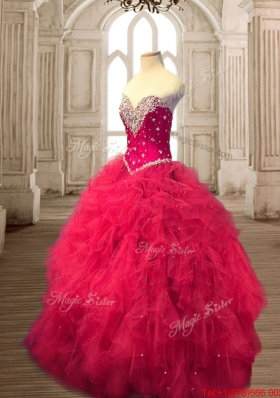 Modern Beaded Bust and Ruffled Red Quinceanera Dress in Tulle