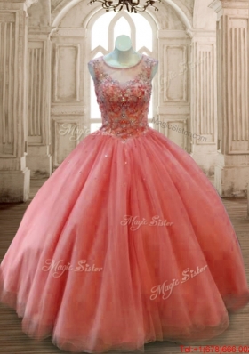 New See Through Scoop Rust Red Quinceanera Dress with Beaded Bodice
