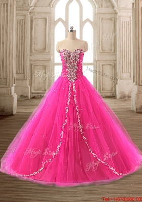 Romantic Brush Train Beaded Quinceanera Dress in Hot Pink