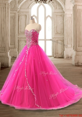 Romantic Brush Train Beaded Quinceanera Dress in Hot Pink