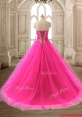 Romantic Brush Train Beaded Quinceanera Dress in Hot Pink