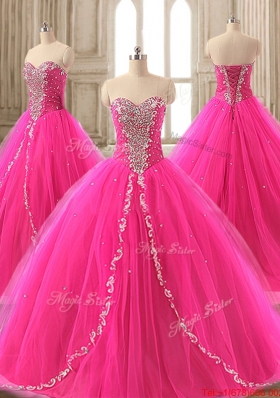 Romantic Brush Train Beaded Quinceanera Dress in Hot Pink