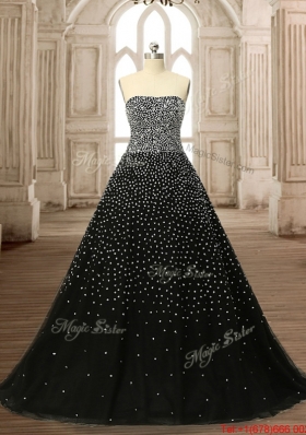 Simple Brush Train Beaded Black Quinceanera Dress with Zipper Up