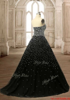 Simple Brush Train Beaded Black Quinceanera Dress with Zipper Up