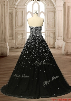 Simple Brush Train Beaded Black Quinceanera Dress with Zipper Up