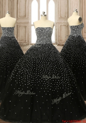 Simple Brush Train Beaded Black Quinceanera Dress with Zipper Up
