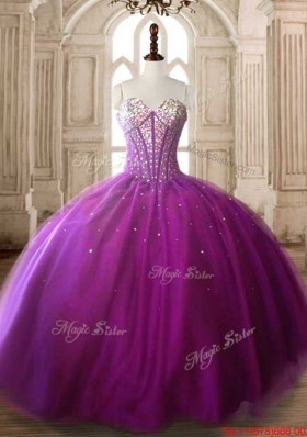 Simple Visible Boning Puffy Skirt Beaded Bodice Quinceanera Dress in Tulle