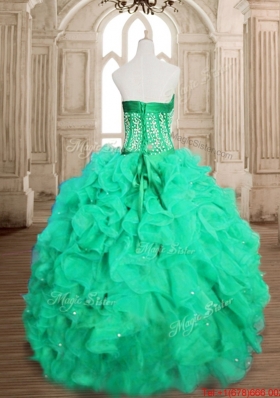 Unique Turquoise Organza Sweet 15 Dress with Beading and Ruffles