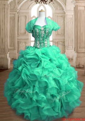 Unique Turquoise Organza Sweet 15 Dress with Beading and Ruffles