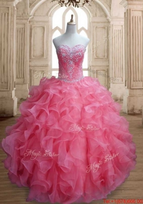 Wonderful Beaded and Ruffled Watermelon Quinceanera Gown in Organza