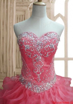 Wonderful Beaded and Ruffled Watermelon Quinceanera Gown in Organza