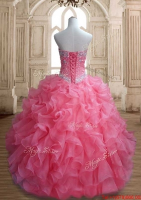 Wonderful Beaded and Ruffled Watermelon Quinceanera Gown in Organza