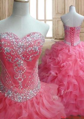 Wonderful Beaded and Ruffled Watermelon Quinceanera Gown in Organza
