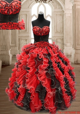 Wonderful Ruffled and Applique Black and Red Quinceanera Dress in Organza