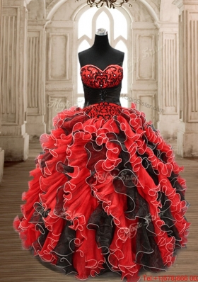 Wonderful Ruffled and Applique Black and Red Quinceanera Dress in Organza