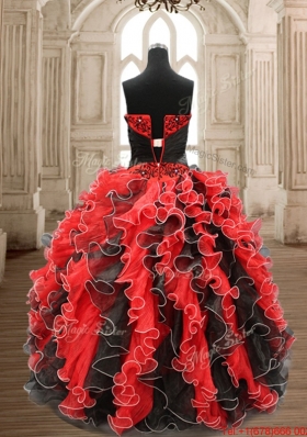 Wonderful Ruffled and Applique Black and Red Quinceanera Dress in Organza