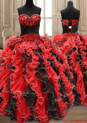 Wonderful Ruffled and Applique Black and Red Quinceanera Dress in Organza