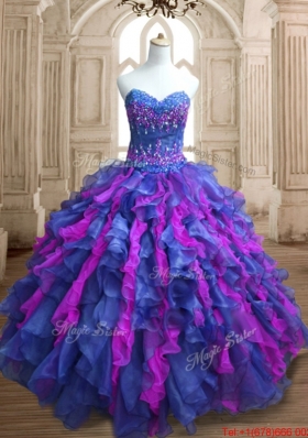 Cheap Applique and Ruffled Organza Quinceanera Dress in Blue and Fuchsia
