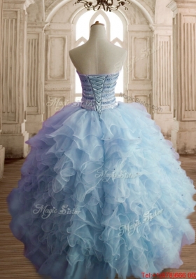 Gorgeous Really Puffy Beaded and Ruffled Quinceanera Dress in Light Blue