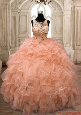 Latest Beaded and Ruffled Orange Quinceanera Dress with Scoop