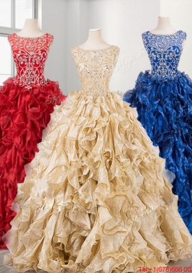 Low Price See Through Scoop Quinceanera Dress with Beading and Ruffles