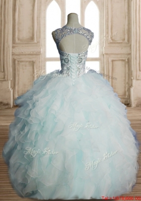 Unique See Through Beaded Decorated Scoop Quinceanera Dress in Light Blue