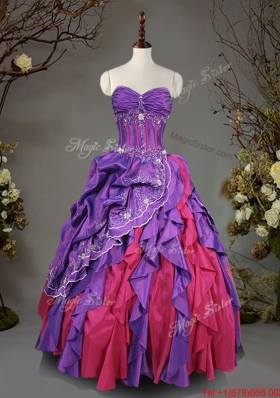 A Line Beaded and Ruffled Sweet 16 Dress in Purple and Coral Red