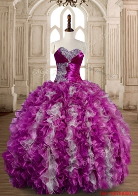 Beautiful Organza Beaded and Ruffled Quinceanera Dress in Fuchsia and White