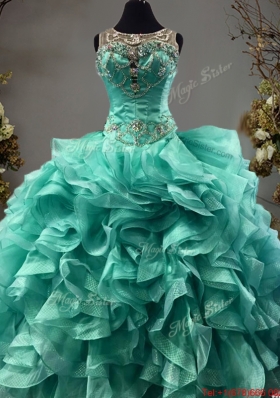 Cheap Beaded and Ruffled Turquoise Quinceanera Dress with See Through Scoop