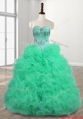 Cheap Organza Beaded and Ruffled Quinceanera Dress in Turquoise