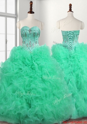 Cheap Organza Beaded and Ruffled Quinceanera Dress in Turquoise