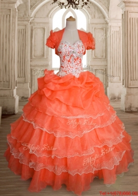 Discount Beaded Orange Red Quinceanera Dress with Ruffled Layers and Bubbles