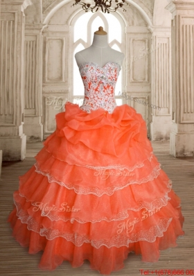 Discount Beaded Orange Red Quinceanera Dress with Ruffled Layers and Bubbles