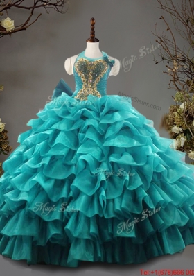 Elegant Beaded and Ruffled Layers Halter Top Sweet 16 Dress in Teal