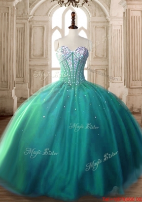 Elegant Beaded Bodice Visible Boning Turquoise Quinceanera Dress in Tulle
