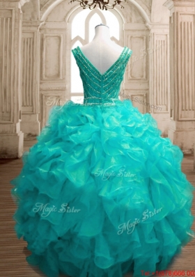 Exquisite Zipper Up Turquoise Sweet 15 Dress with Beading and Ruffles