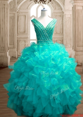 Exquisite Zipper Up Turquoise Sweet 15 Dress with Beading and Ruffles