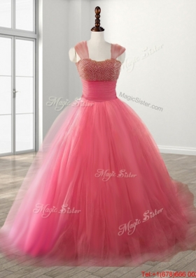 Gorgeous Beaded Watermelon Red Quinceanera Dress with Brush Train