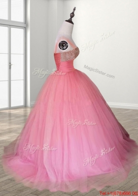 Gorgeous Beaded Watermelon Red Quinceanera Dress with Brush Train