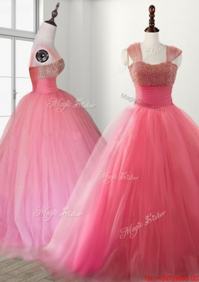 Gorgeous Beaded Watermelon Red Quinceanera Dress with Brush Train