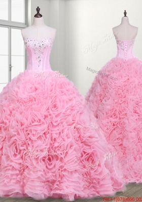 Lovely Court Train Rolling Flowers Sweet 16 Dress with Beading