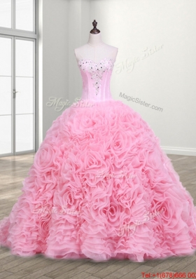 Lovely Court Train Rolling Flowers Sweet 16 Dress with Beading