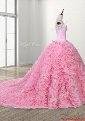 Lovely Court Train Rolling Flowers Sweet 16 Dress with Beading