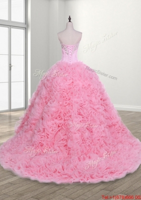 Lovely Court Train Rolling Flowers Sweet 16 Dress with Beading