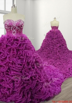 Modest Court Train Beaded Fuchsia Quinceanera Gown in Rolling Flowers