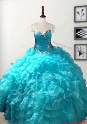 New Style Ruffled and Beaded Baby Blue Quinceanera Dress in Organza